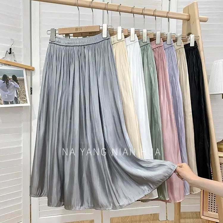 Solid Color Elastic High-Waist A-Line Midi Skirt