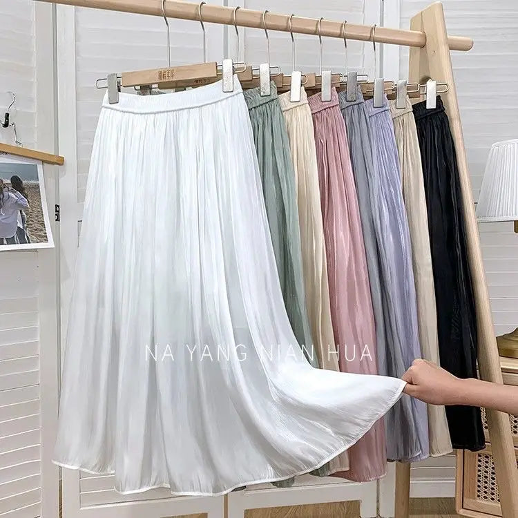 Solid Color Elastic High-Waist A-Line Midi Skirt