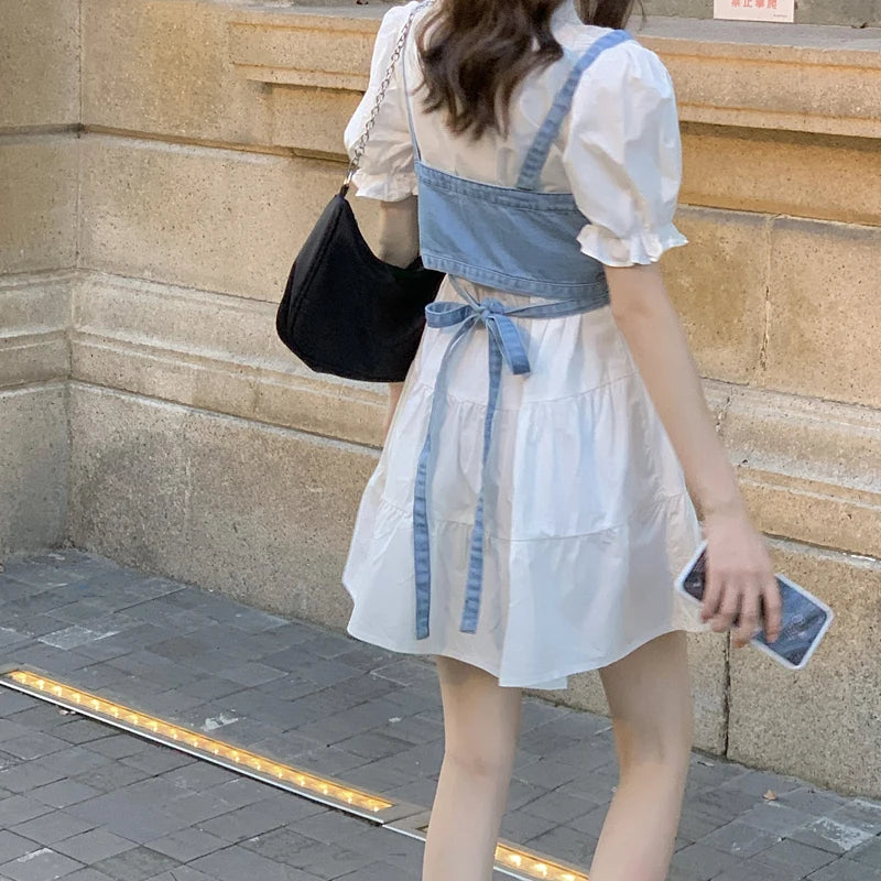 High Waist Y2K Denim Camisole + Elegant Puff Sleeve Mini Dress