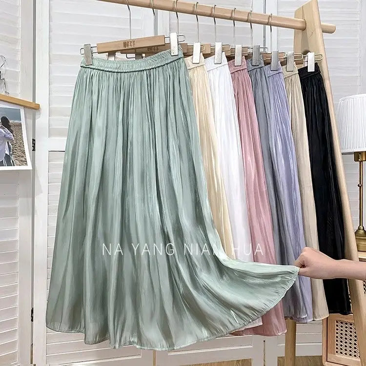 Solid Color Elastic High-Waist A-Line Midi Skirt