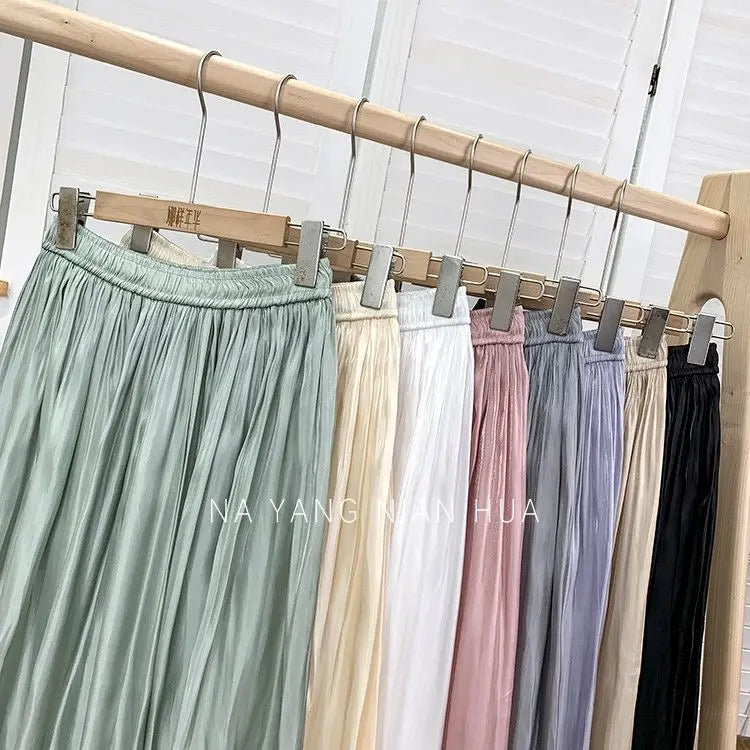 Solid Color Elastic High-Waist A-Line Midi Skirt