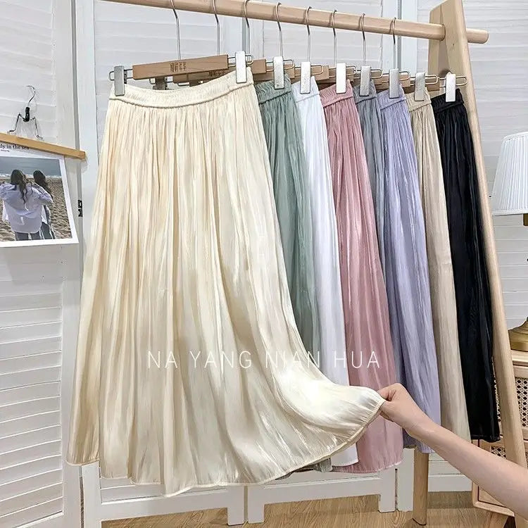 Solid Color Elastic High-Waist A-Line Midi Skirt