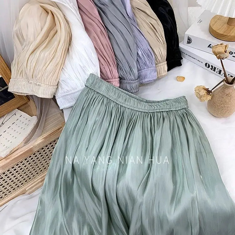 Solid Color Elastic High-Waist A-Line Midi Skirt