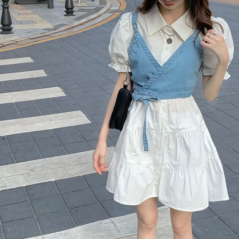 High Waist Y2K Denim Camisole + Elegant Puff Sleeve Mini Dress