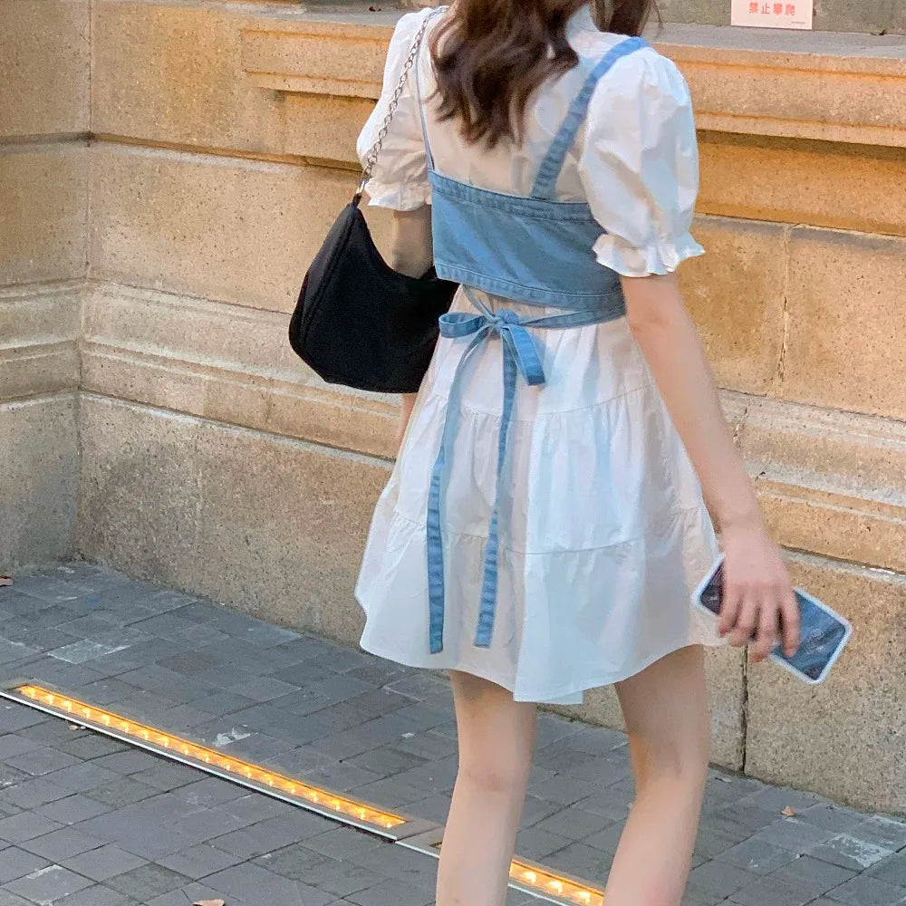 High Waist Y2K Denim Camisole + Elegant Puff Sleeve Mini Dress