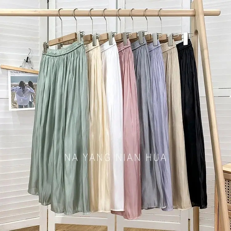 Solid Color Elastic High-Waist A-Line Midi Skirt