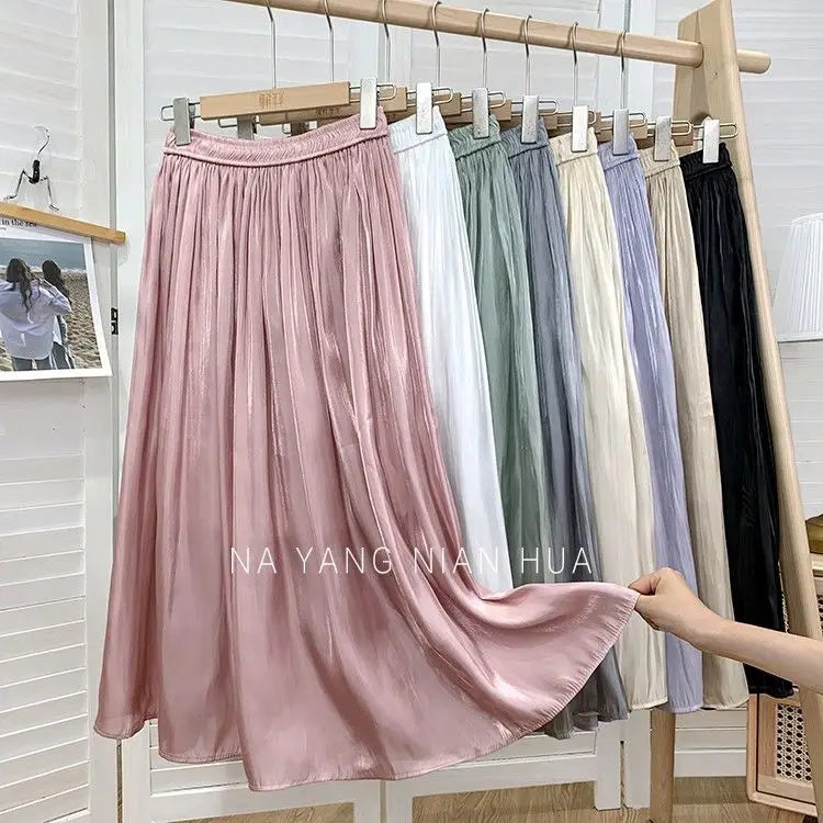 Solid Color Elastic High-Waist A-Line Midi Skirt