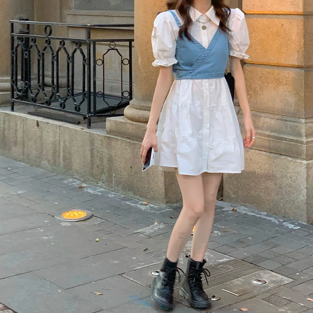 High Waist Y2K Denim Camisole + Elegant Puff Sleeve Mini Dress