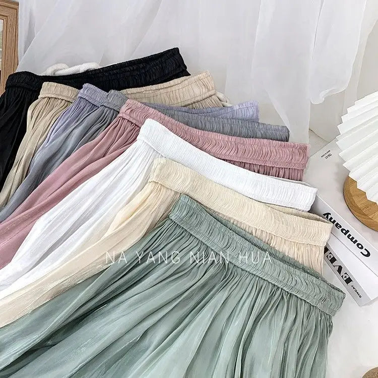 Solid Color Elastic High-Waist A-Line Midi Skirt