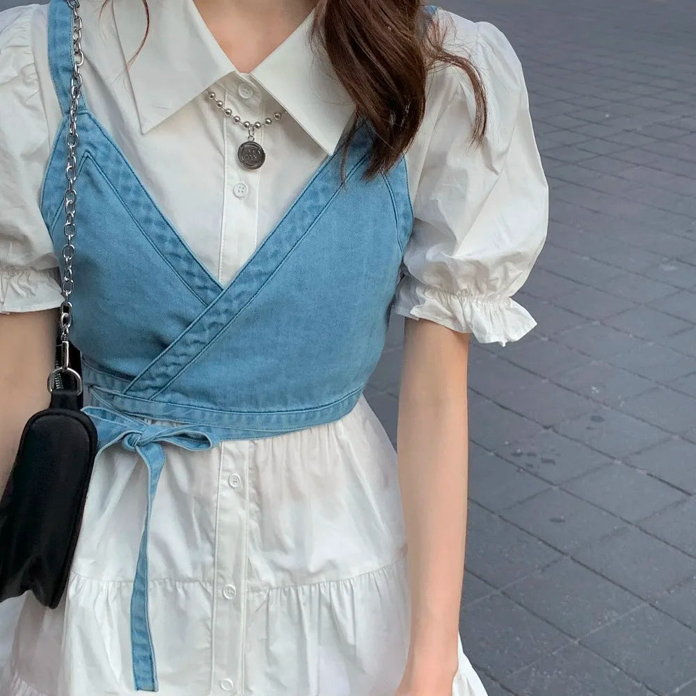 High Waist Y2K Denim Camisole + Elegant Puff Sleeve Mini Dress