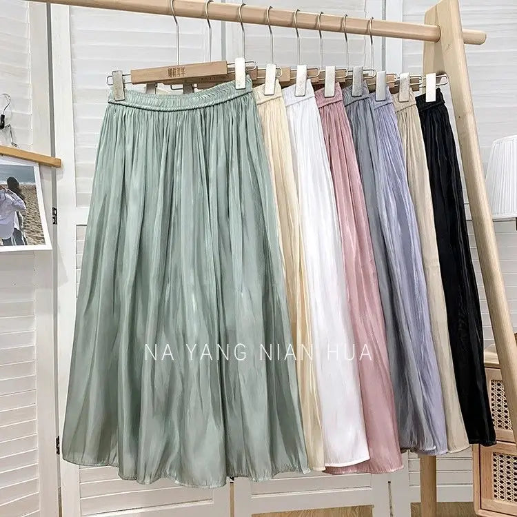 Solid Color Elastic High-Waist A-Line Midi Skirt