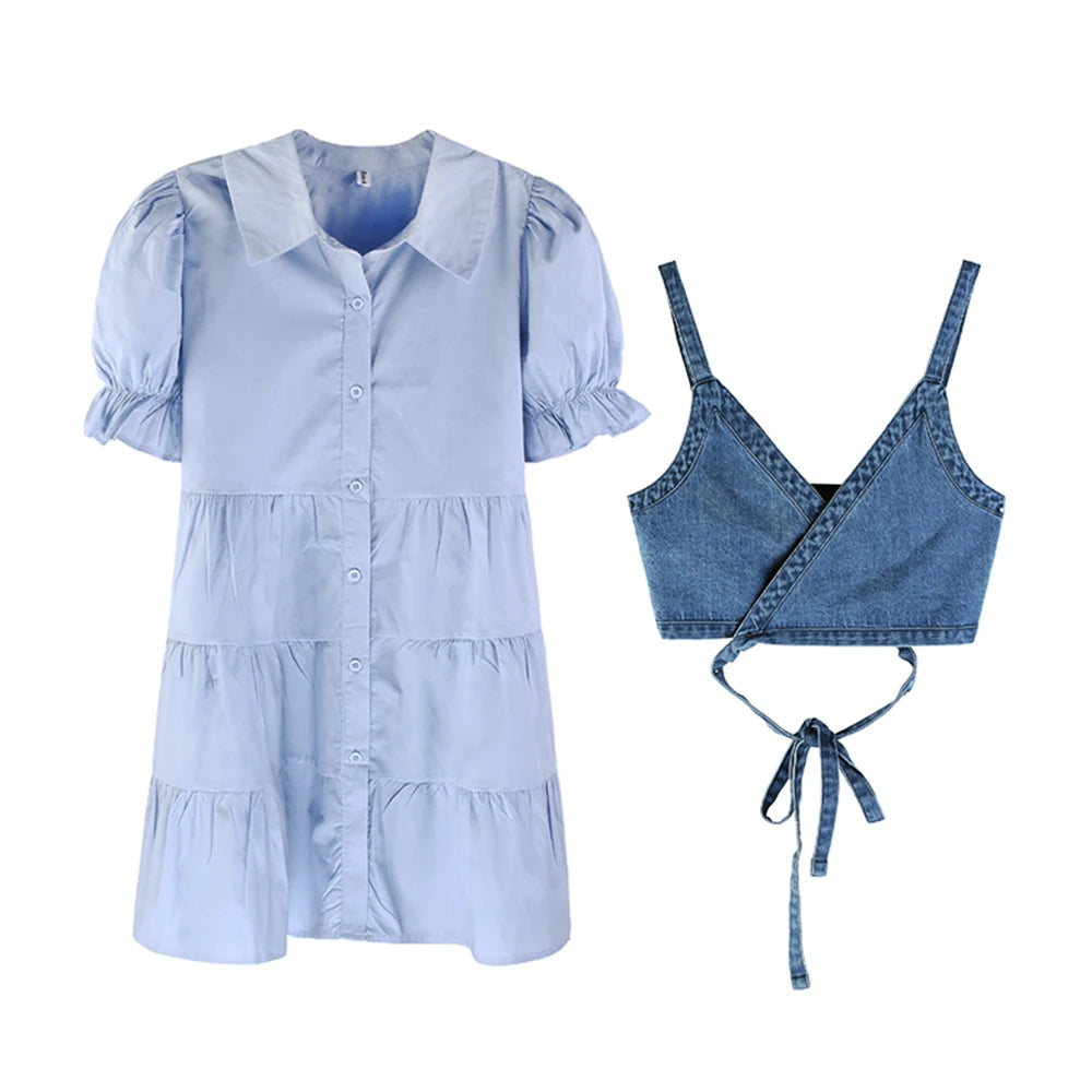 High Waist Y2K Denim Camisole + Elegant Puff Sleeve Mini Dress