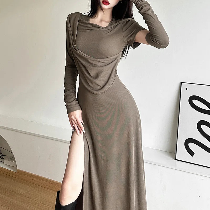 Hooded off-shoulder split long dress