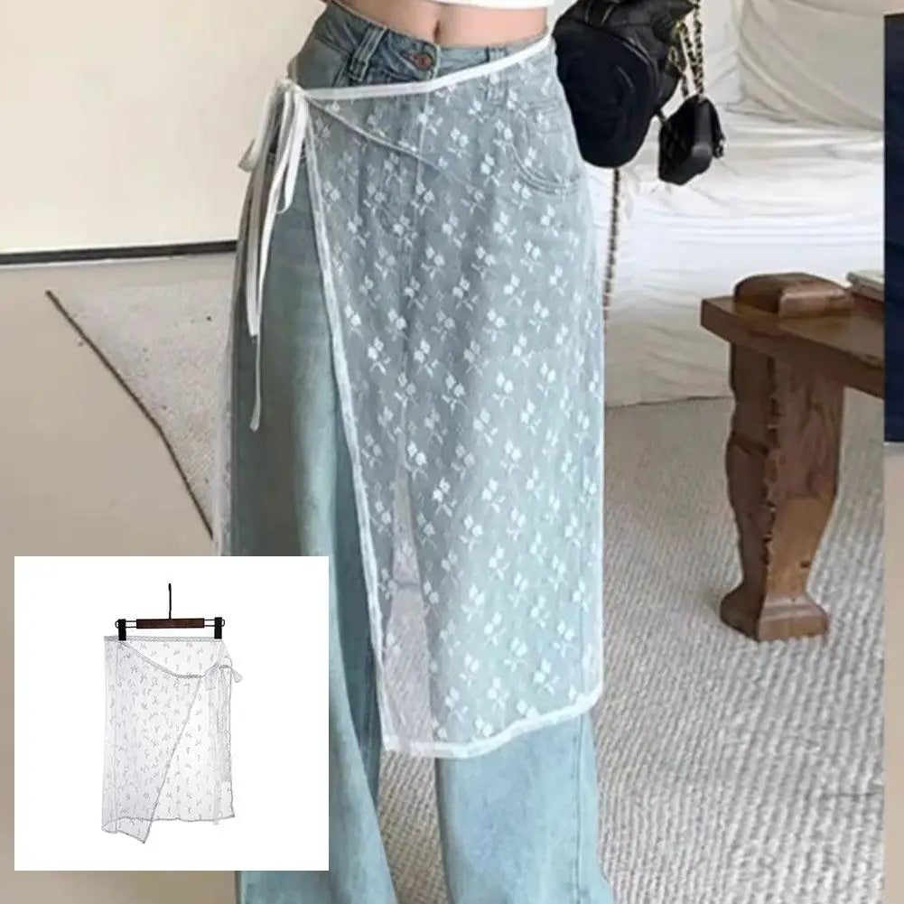 Lace Layered Gauze Skirt with Tie-Up 