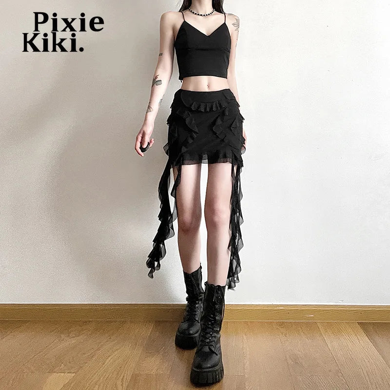 PixieKiki - Mesh Ruffled High-Waist Mini Skirt 