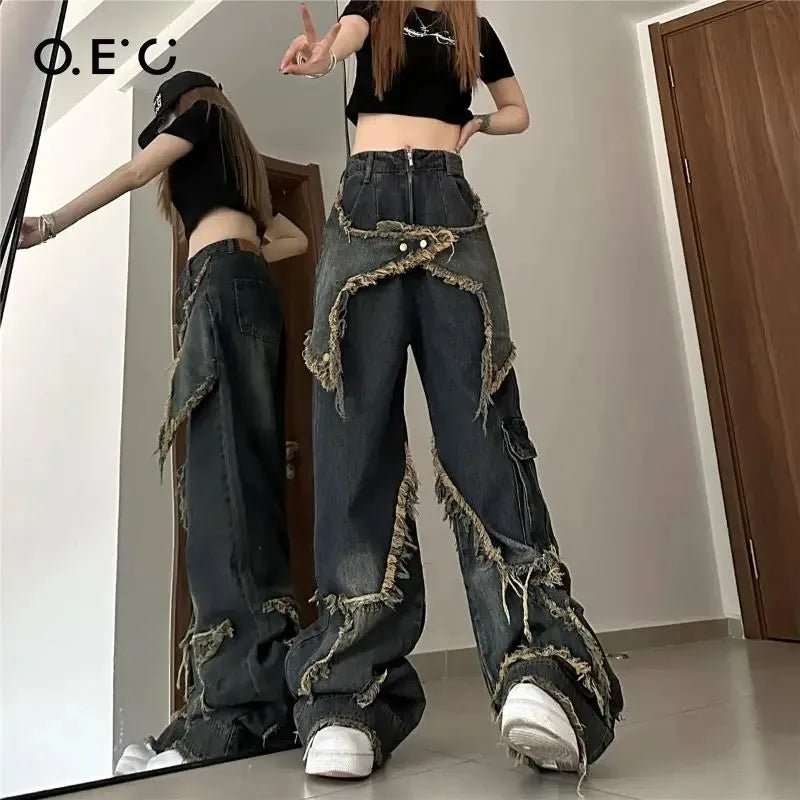 Wide-Leg Baggy Jeans - Fashionable Y2K Star Print