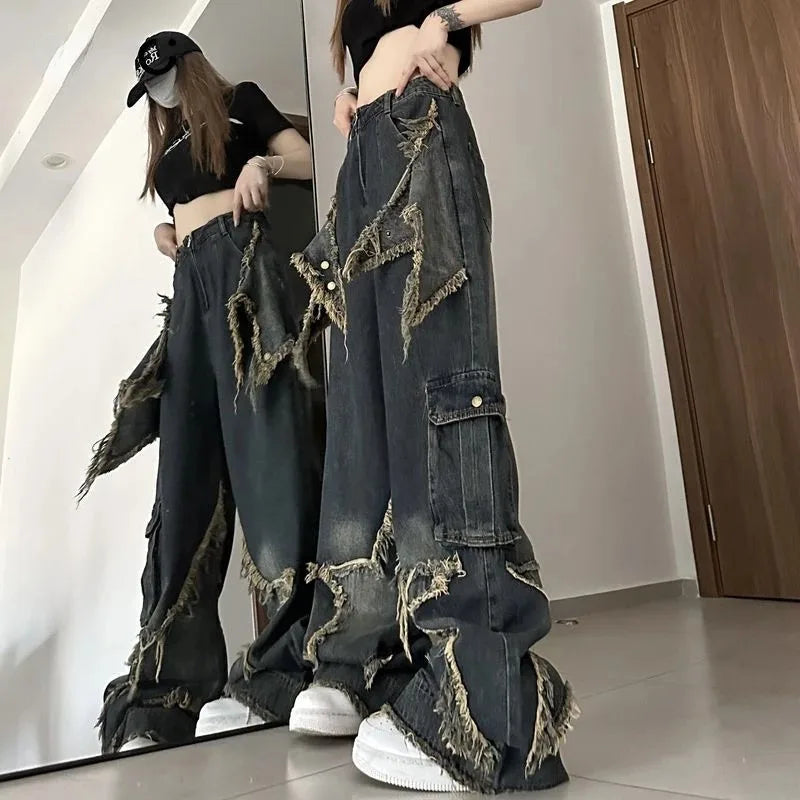 Wide-Leg Baggy Jeans - Fashionable Y2K Star Print