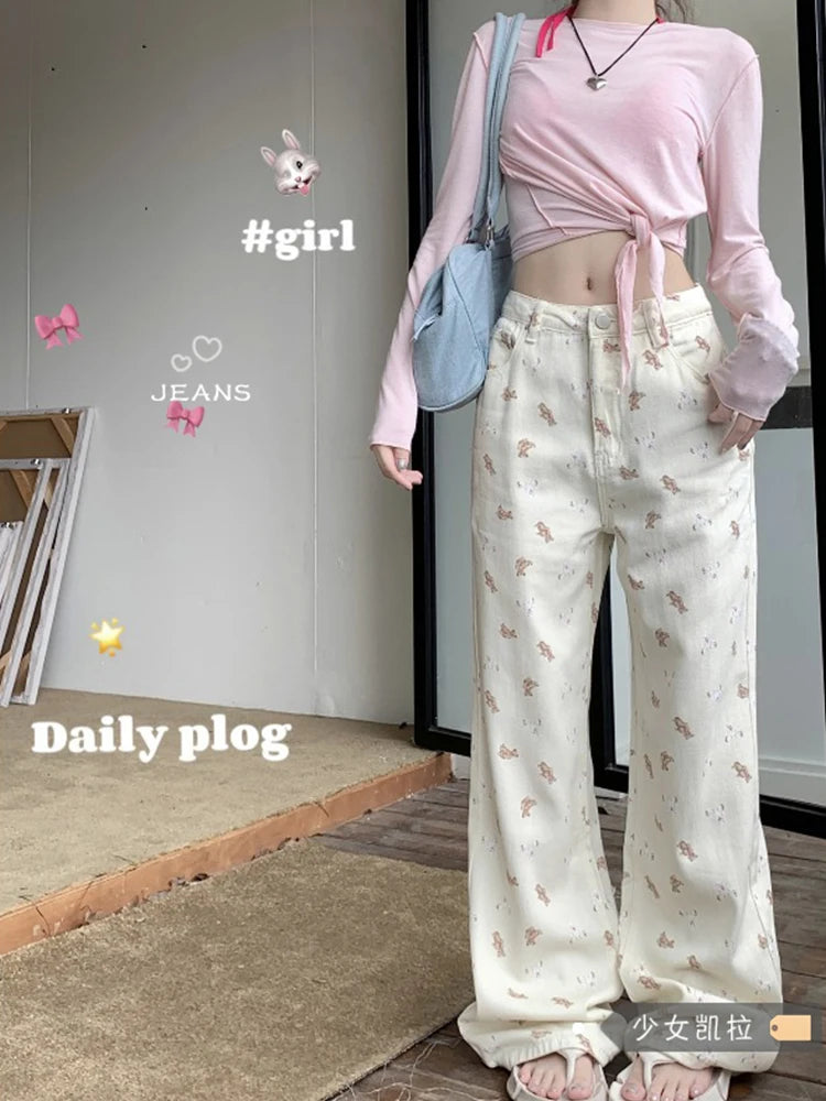 Dicloud - Pink Printed Wide-Leg Jeans