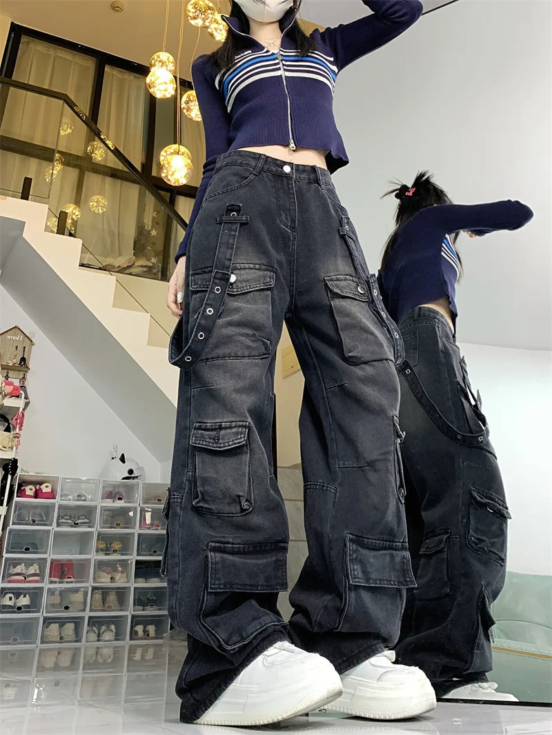 Cargo Pants - Dark Gray Wide-Leg Y2K Jeans