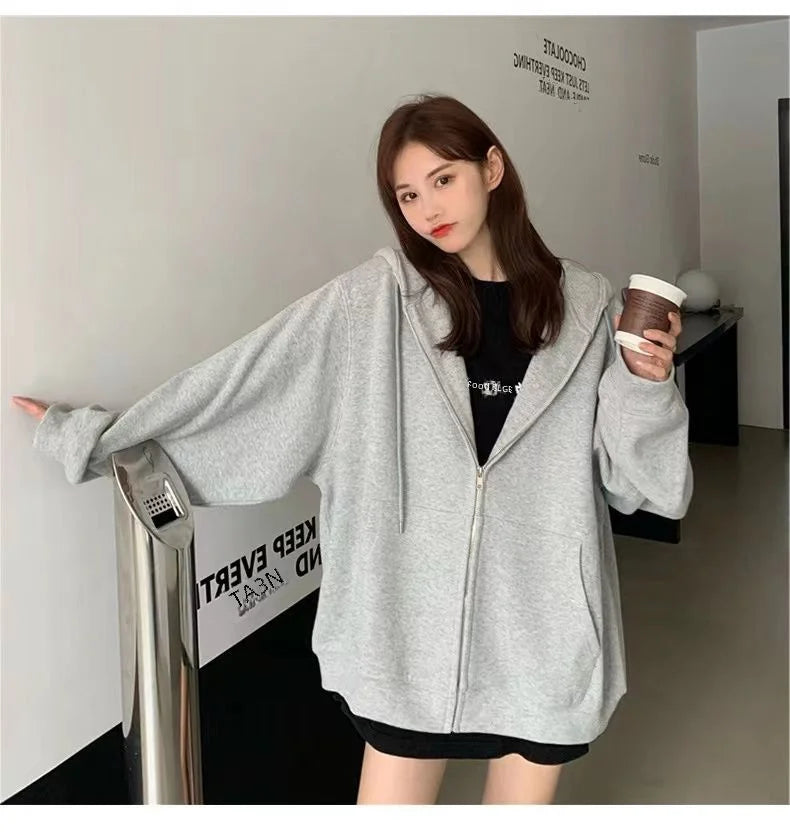 Oversized Loose-Fit Hooded Sweatshirt Jacket