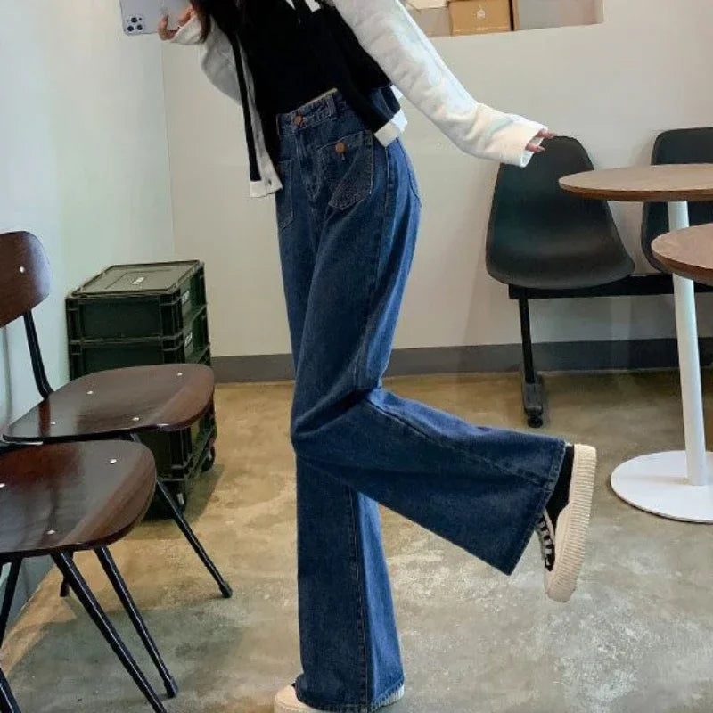 Blue high-waist straight-leg jeans