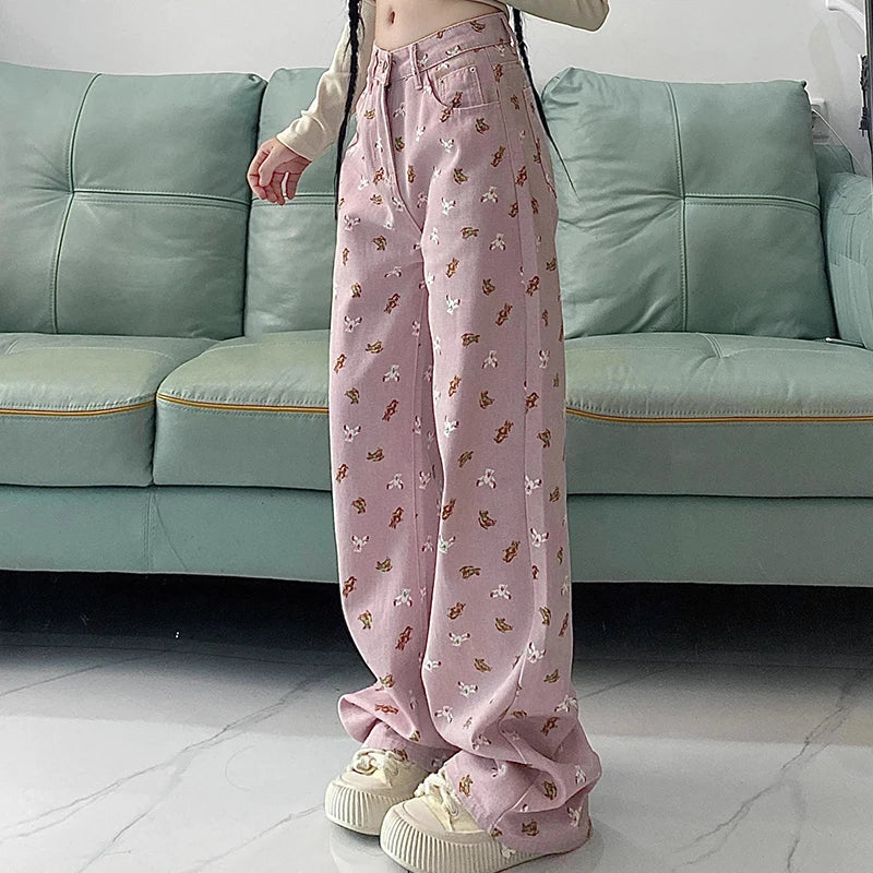 Dicloud - Pink Printed Wide-Leg Jeans