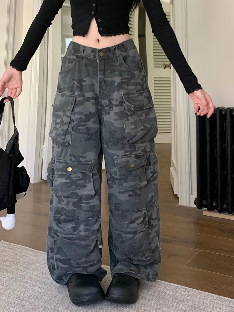 Washed Camouflage Cargo Pants - Y2K Baggy Wide-Leg Trousers