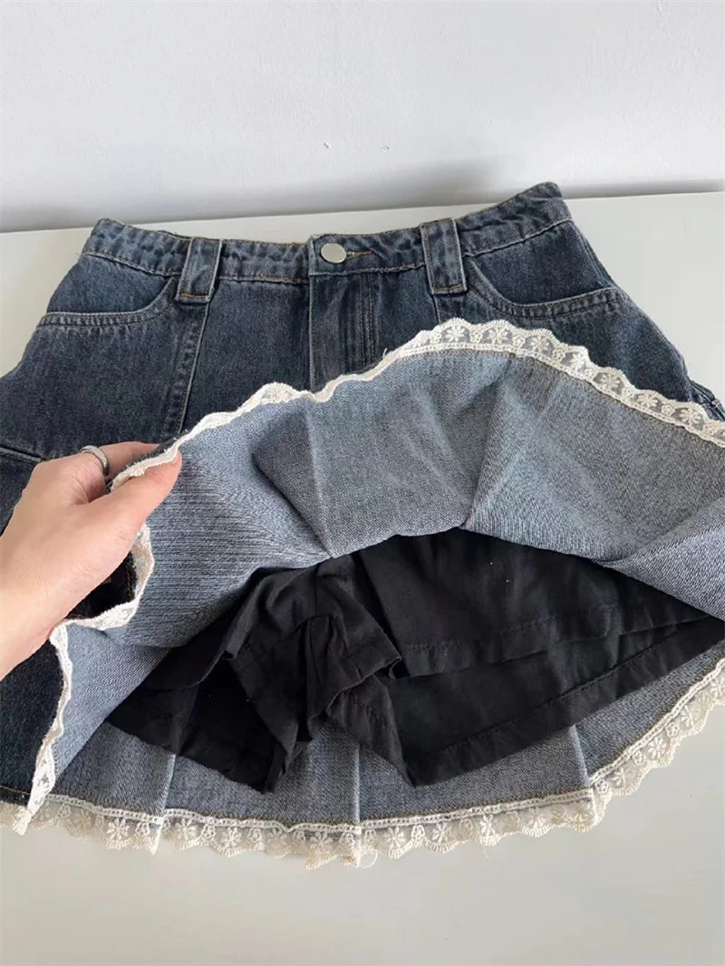 Kawaii Denim Mini Skirt - High-Waist Pleated Y2K Lace Patchwork Skirt