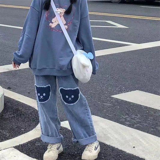 Harajuku-Style Baggy Jeans mit süßem Hip-Hop-Bären-Design