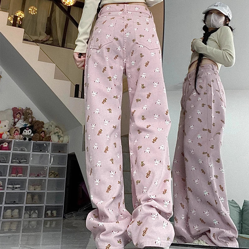 Dicloud - Pink Printed Wide-Leg Jeans