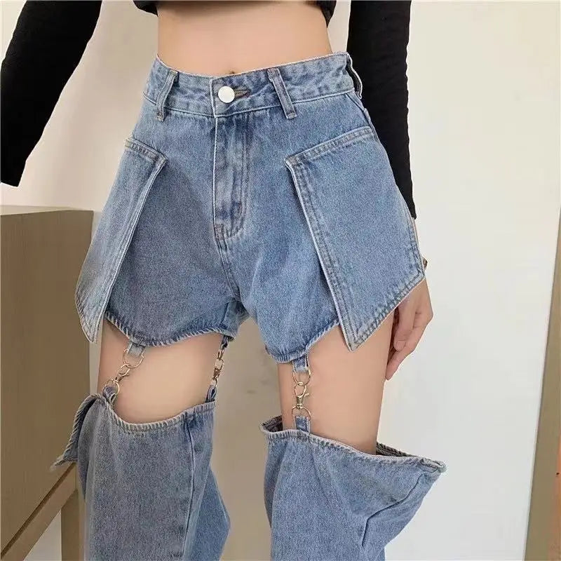 High-Waist Splicing Jeans - Detachable