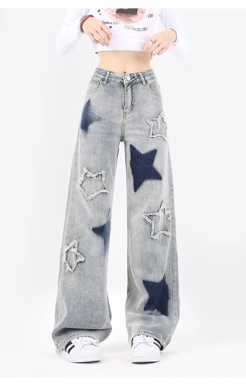 Star Embroidered High-Waist Cargo Jeans