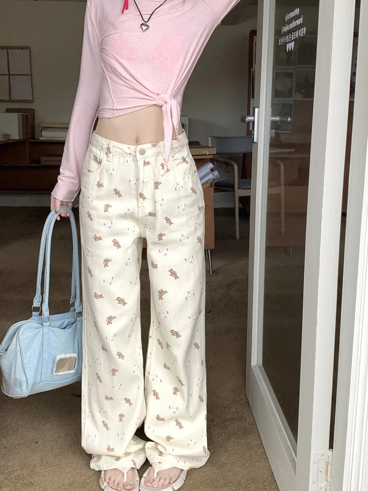 Dicloud - Pink Printed Wide-Leg Jeans