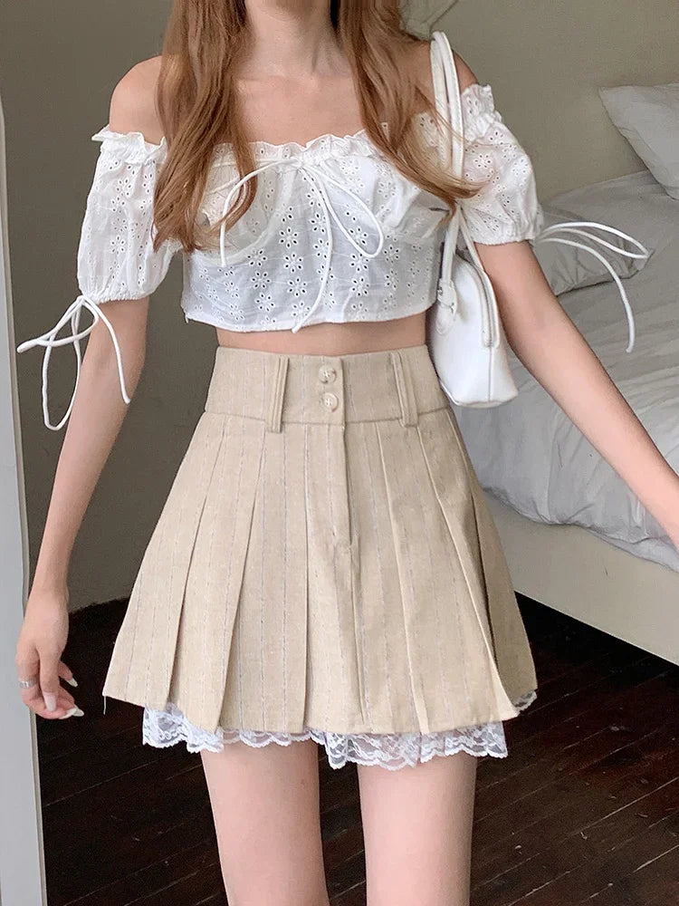 Lace Trim Pleated Mini Skirt - Preppy Style