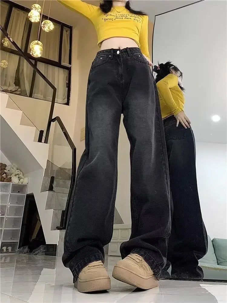 Vintage high-waisted straight-leg fleece-lined jeans 