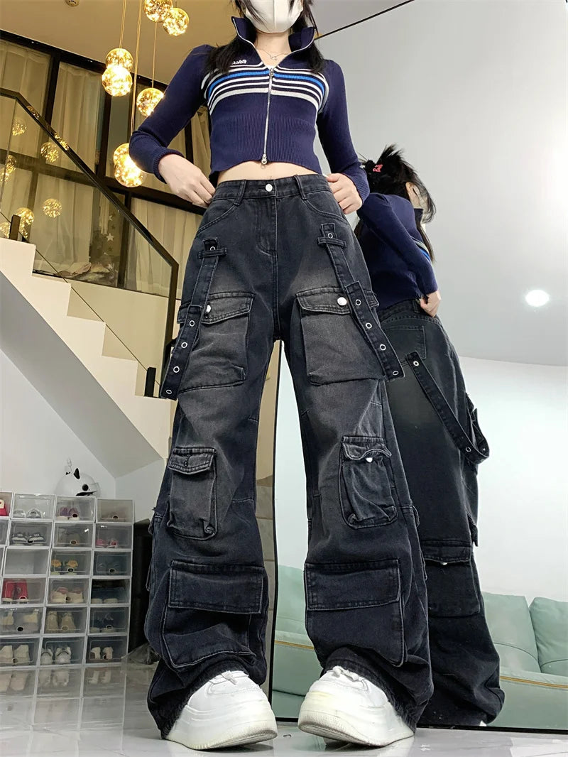 Cargo Pants - Dark Gray Wide-Leg Y2K Jeans