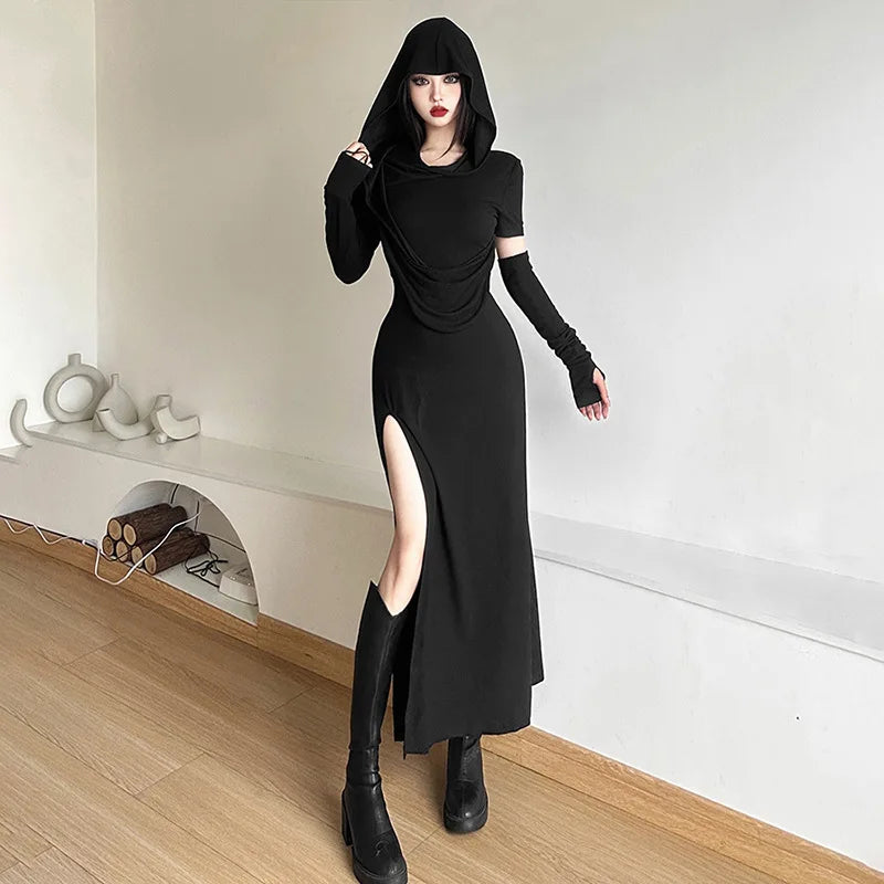 Hooded off-shoulder split long dress