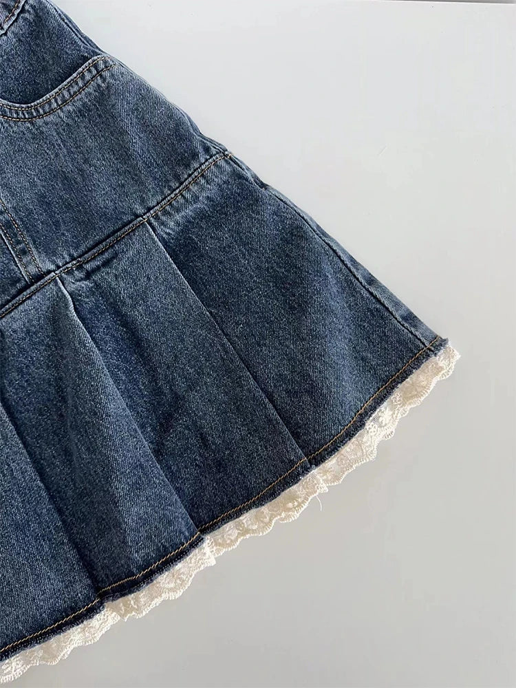 Kawaii Denim Mini Skirt - High-Waist Pleated Y2K Lace Patchwork Skirt