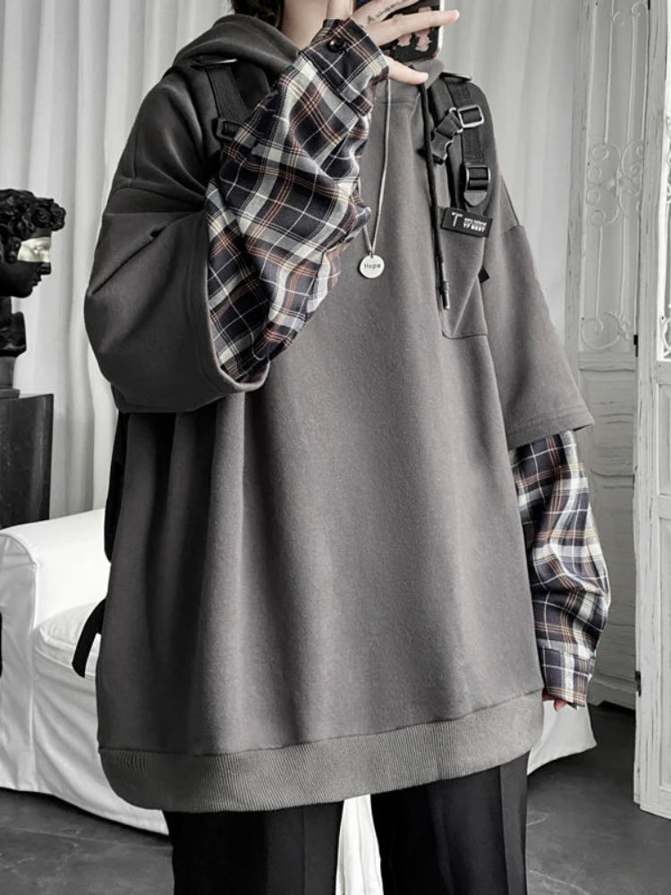 KOSAHIKI - Oversized Plaid Sleeve Hoodie