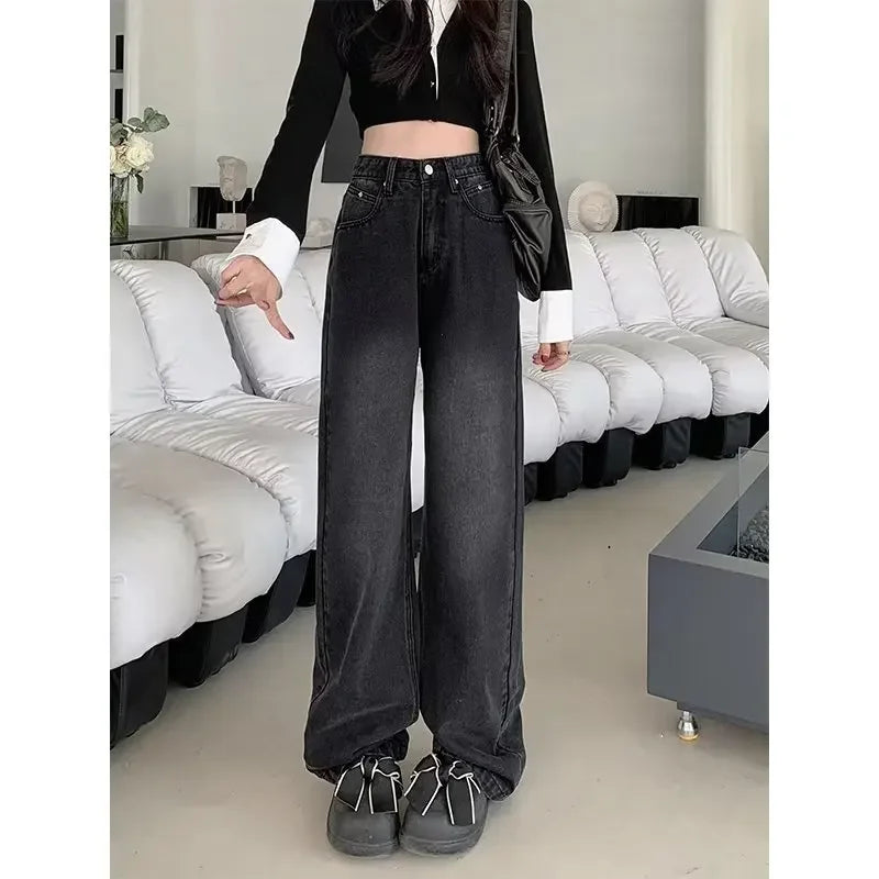 Vintage high-waisted straight-leg fleece-lined jeans 