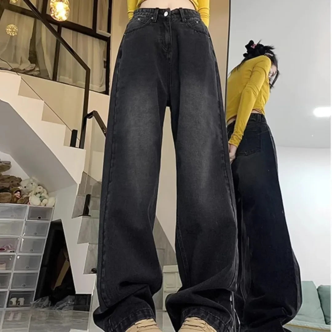 Vintage high-waisted straight-leg fleece-lined jeans 