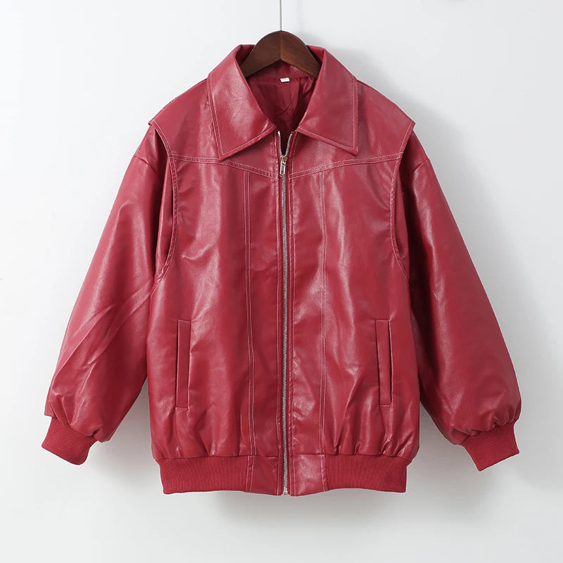 Red Zipper Pocket Leather Jacket 