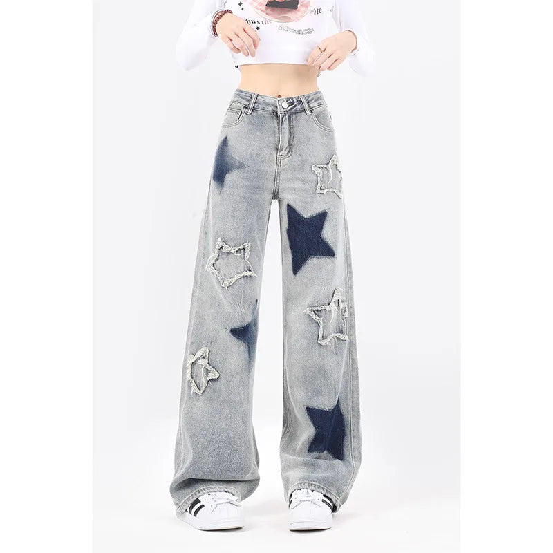 Star Embroidered High-Waist Cargo Jeans