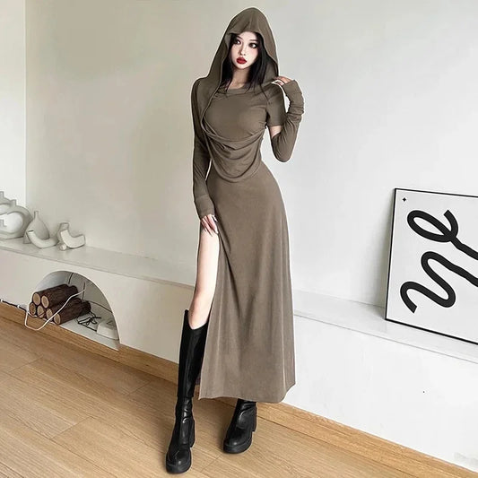 Hooded off-shoulder split long dress