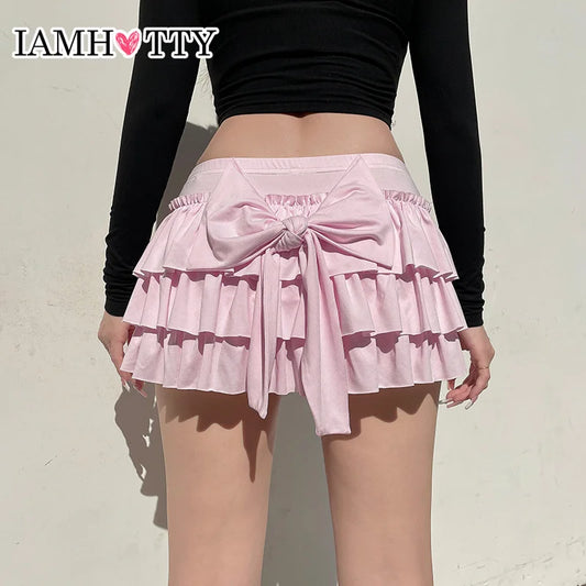 IAMHOTTY - Pink Bow Low-Waisted Mini Skirt 