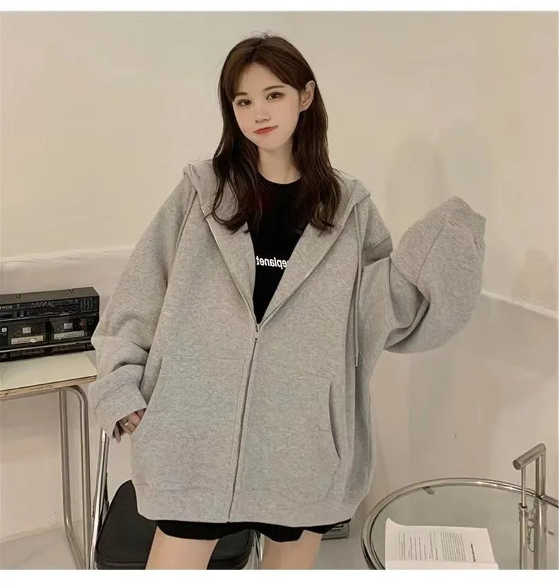 Oversized Loose-Fit Hooded Sweatshirt Jacket