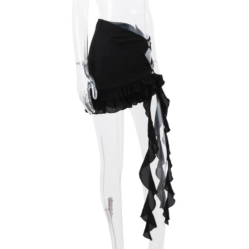 WhereMery - Black Ruffles Hollow Out Skirt