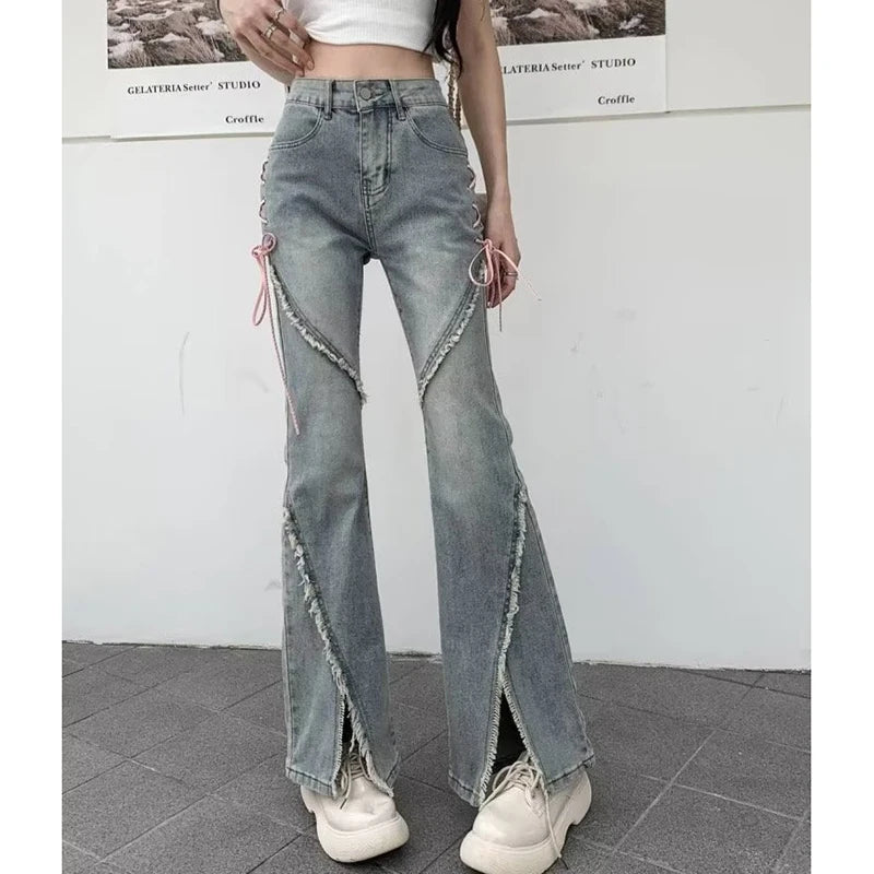 Gidyq - Retro Tassel Split Flared Jeans