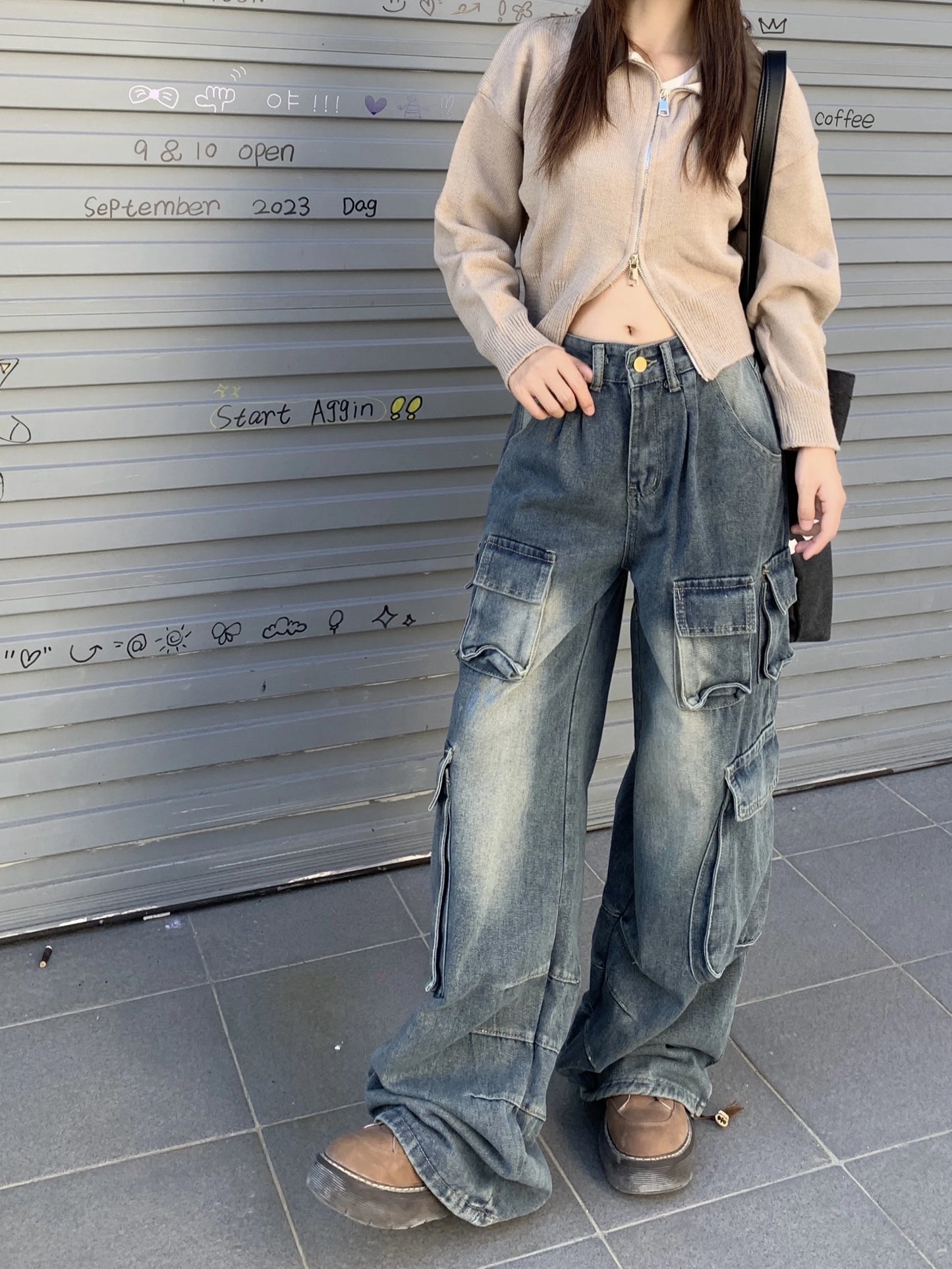 Cargo Pants - Dark Gray Wide-Leg Y2K Jeans