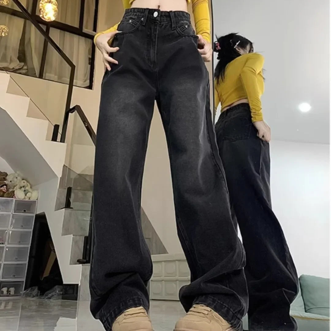 Vintage high-waisted straight-leg fleece-lined jeans 